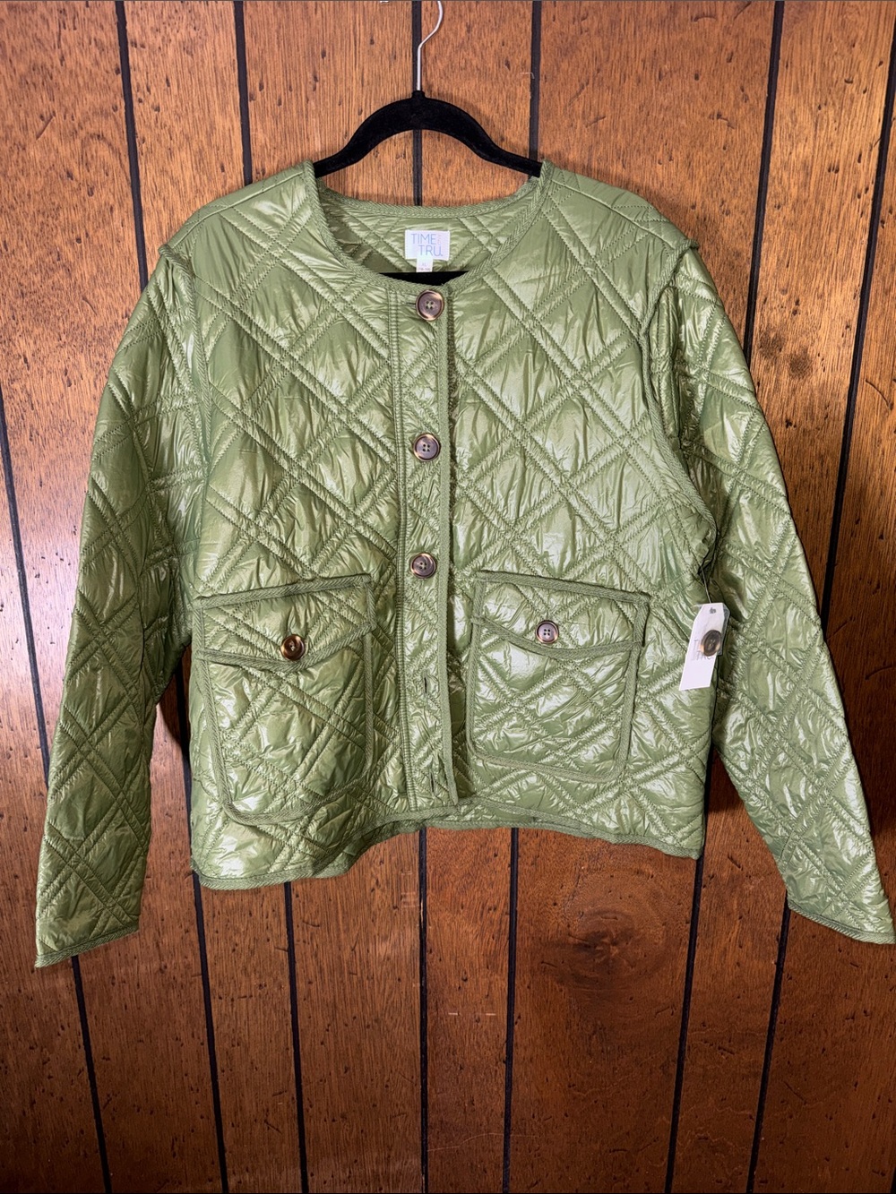Time and Tru Olive Green Quilted Shiny Jacket